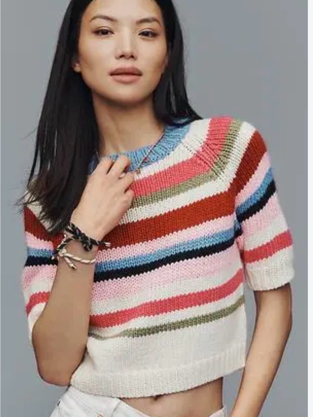 RAISONNEL Chunky Knit Short Sleeve Striped Sweater M